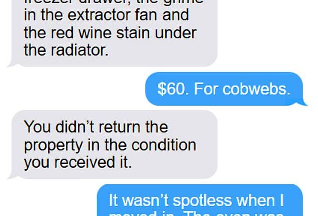 A tense exchange between a tenant and landlord after a $60 bond deduction for 'cobwebs' has sparked outrage online