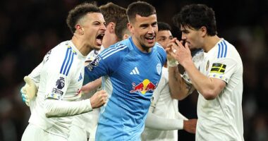 Erling Haaland has celebrated Leeds' mammoth win over Manchester United