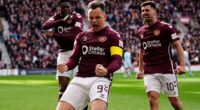 Captain Lawrence Shankland celebrates after scoring Hearts' second goal against Motherwell