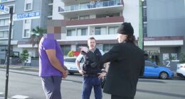 Vigilante Faze Nighthawk (right) alerts New South Wales police to a man he alleged was attempting to have sex with a 14-year-old child