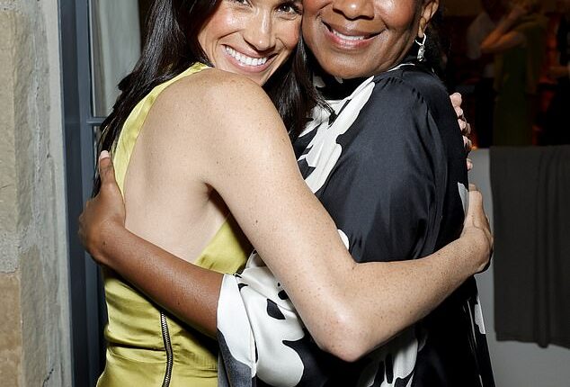 Meghan Markle put on an 'exaggerated' show of attachment at a recent Netflix party as she 'performed' her friendship with CEO Ted Sarandos's wife