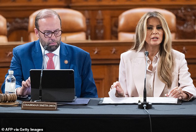 First Lady Melania Trump (right) speaks in front of the House Ways and Means Committee at a roundtable event on America's foster youth alongside House Ways and Means Committee Chairman Jason Smith (left)
