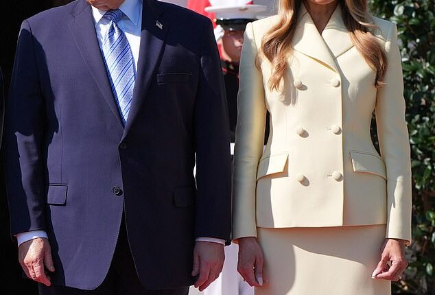 First Lady Melania Trump looked effortlessly chic in a buttercream-yellow skirt suit alongside her husband, President Donald Trump, to welcome King Charles III and Queen Camilla