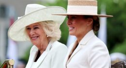 A lip reader tells the Daily Mail that Queen Camilla (left) commented to First Lady Melania Trump (right) that they would have 'soggy bottoms' as they were seated in damp chairs during Tuesday's ceremonial welcome on the White House's South Lawn