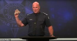 Wayne Cheeseman took a sack of rocks into a press conference to show what protestors had used against cops at a Melbourne rally