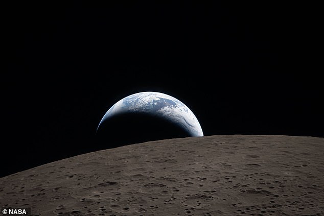 The first image, titled 'Earthset', was taken from the far side of the moon and shows the Earth dipping beyond the lunar horizon