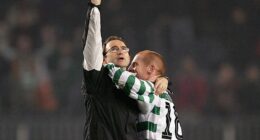 O'Neill and Lennon embrace after Celtic draw with Barcelona at the Nou Camp in 2004