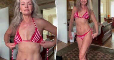 Paulina Porizkova celebrates 61st birthday in teeny striped bikini