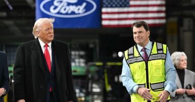 The Trump administration has asked large-scale manufacturers, including Ford and General Motors, to start making weaponry and other military equipment as the US depletes its stockpiles (President Trump pictured with Ford CEO Jim Farley on January 13)