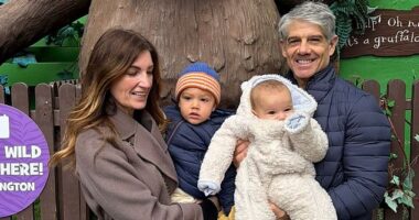 Baroness Karren Brady continued to show off her weight loss as she shared sweet family snaps to Instagram on Friday (pictured with her husband Paul and their grandchildren Leo and George)