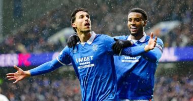 Bojan Miovski celebrates his late goal that ensured Rangers could finally breath easily at Ibrox