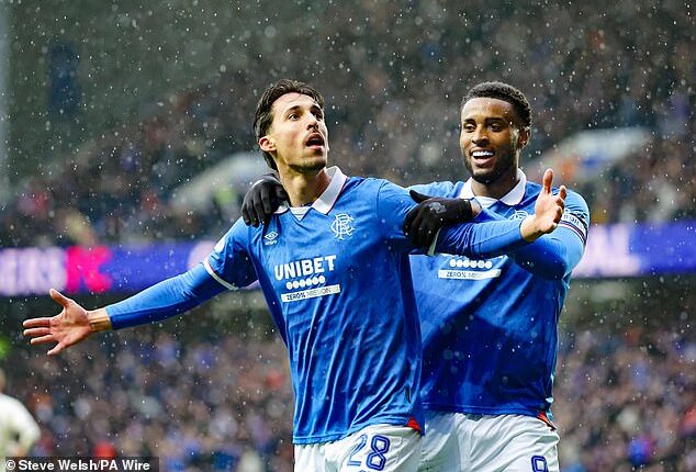 Bojan Miovski celebrates his late goal that ensured Rangers could finally breath easily at Ibrox