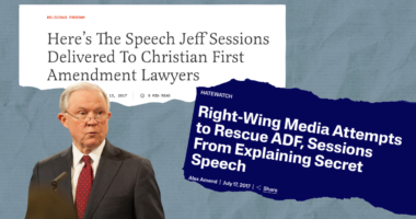 graphic with a photo of Jeff Sessions and screenshots of headlines from The Federalist and the SPLC