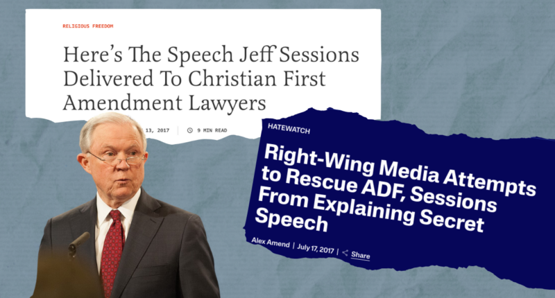 graphic with a photo of Jeff Sessions and screenshots of headlines from The Federalist and the SPLC