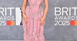Sabrina Carpenter wowed as she put on a very busty display in a ruffled pink dress on the BRIT Awards red carpet on Saturday