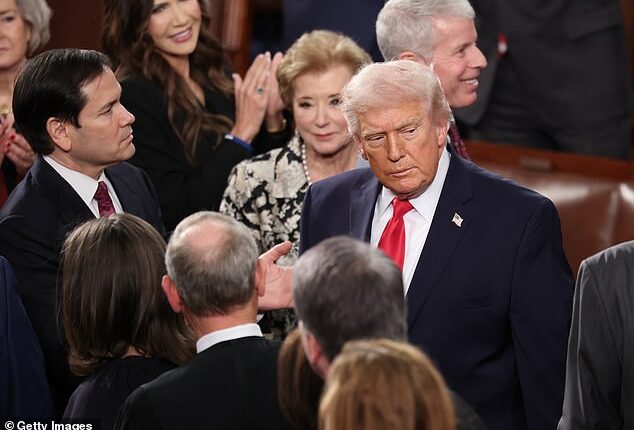 President Donald Trump walking past several Supreme Court Justices during his State of the Union Address