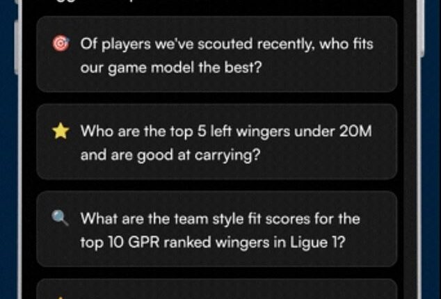 Clubs can ask the app tailored questions about their squad and recruitment, and the app then produces a shortlist of transfer targets that fit what they're looking for