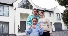 A struggling single mother-of-two teared up when a millionaire offered her £20,000 - and a job to work at his company - on an episode of Rich House, Poor House. Steph and her two daughters pictured in front of Joe's mansion