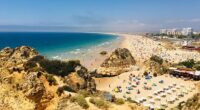 View of a crowded beach in the Algarve, Portugal