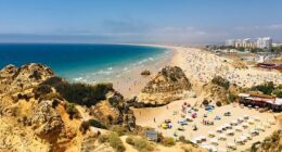 View of a crowded beach in the Algarve, Portugal