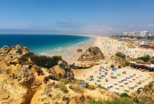 View of a crowded beach in the Algarve, Portugal