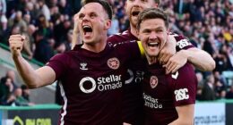 Lawrence Shankland celebrates with Blair Spittal after Hearts' late winner at Easter Road