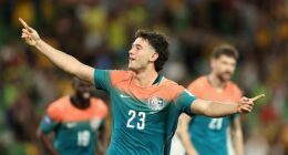 Alessandro Circati celebrates after scoring one of the Socceroos' five goals in the win over Curacao on Tuesday night in Melbourne