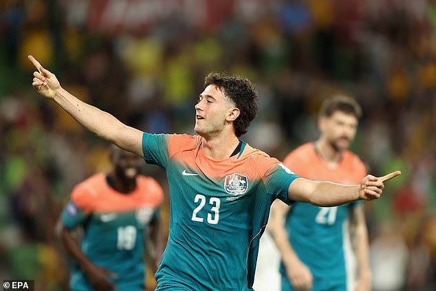 Alessandro Circati celebrates after scoring one of the Socceroos' five goals in the win over Curacao on Tuesday night in Melbourne