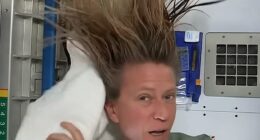 Astronaut Karen Nyberg demonstrates how she washes her hair while aboard the International Space Station