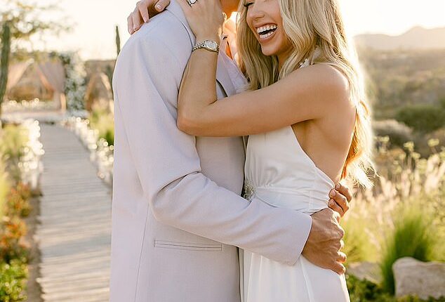 Kansas City Chiefs heiress Gracie Hunt wore a gorgeous, bridal–esque white halter–neck dress as she arrived to the proposal, but of course what really stole the show was the engagement ring