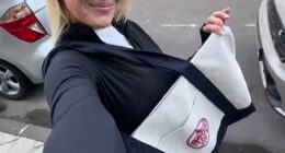 Forget designer bags, now shoppers are raving about supermarket totes, including content creator Jessica Abbassian (pictured), who carried a Trader Joe's bag back from America
