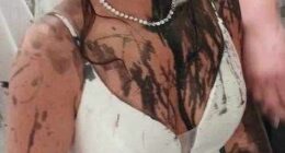 Gemma Monk, 35, on her wedding day after having black paint thrown on her