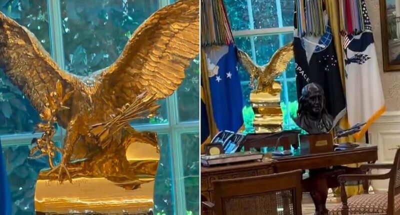 President Donald Trump has apparently leaned into the design theory that you can never have too much gold. On Friday morning, White House Deputy Chief of Staff Dan Scavino, Trump's longtime social media guru, shared a fresh video of the Oval Office. With the song Fly Like an Eagle by the Steve Miller Band playing, Scavino teased a new addition. His camera zoomed over a coffee table decorated with the presidential seal, over Trump's model of his desired Air Force One and then over the Resolute Desk.