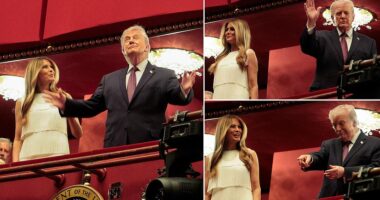 President Donald Trump and First Lady Melania Trump returned to the newly renamed Trump Kennedy Center on Tuesday to take in the opening night performance of Chicago . Trump beckoned to the crowd as he arrived in the President's box at the historic performing arts venue. The First Lady donned a white flapper-like number to see the Broadway hit, which is set in the 1920s.