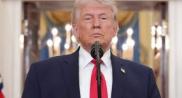 President Donald Trump speaks in the Cross Hall Wednesday night about the war in Iran. On Friday, the White House released its dream budget, which includes $1.5 trillion in funding for the Pentagon