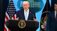Donald Trump speaks during a news conference in James S. Brady Press Briefing Room of the White House on April 6