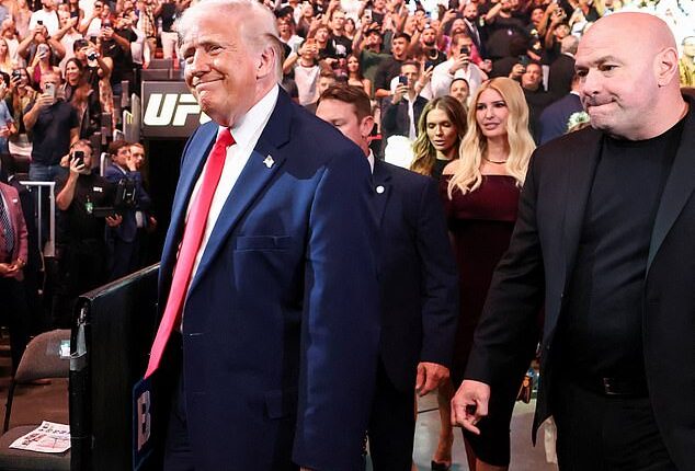 Donald Trump walks in to the Kaseya Center in Miami followed by Dana White and Ivanka