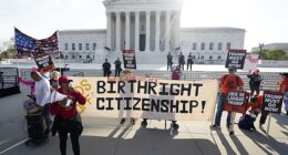 People demonstrate outside the Supreme Court ahead of Trump's expected arrival on April 01, 2026 in Washington, DC. The Supreme Court is hearing oral arguments in Trump v. Barbara to determine if President Trump's executive order ending birthright citizenship is constitutional