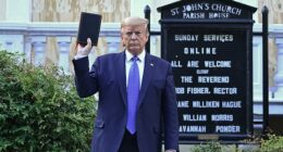 President Donald Trump stands outside St. John's Church in a controversial photo-op in which he held the Bible upside-down amid the 2020 Black Lives Matter protests. On Tuesday night, he'll read a verse from the Bible to mark the country's 250th birthday