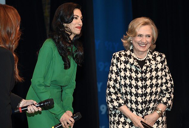 Huma Abedin, left, with Hillary Clinton during a 2021 event in New York. Buckley Carlson lobbed an accusation that the two are lovers during Tucker Carlson's latest show