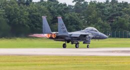Pictured a F-15E jet similar to the one shot down over Iran. The United States and Iran are now locked in a race to locate one of the two pilots from the downed plane
