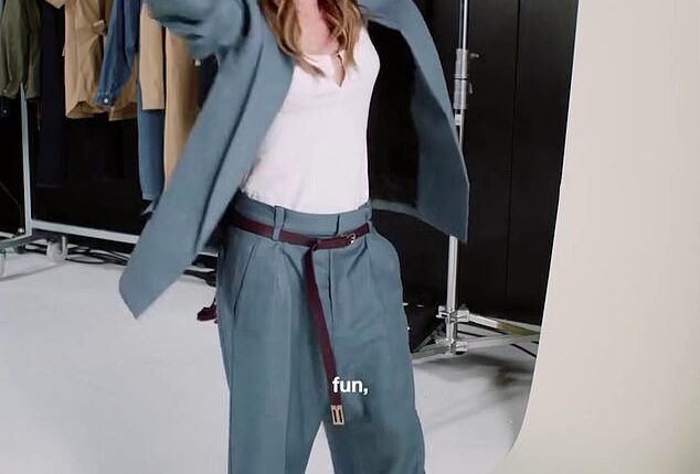 Victoria Beckham looked chic in a slouchy suit a she danced on the set of a photoshoot for her fast-selling GAP range on Tuesday