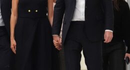 Pictured: Meghan wearing a black Karen Gee dress during a visit to the Royal Children's Hospital in Melbourne