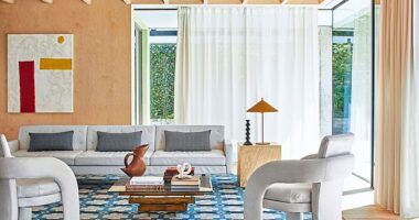 Flatweave rug by arumfellow.com. For a similar sofa and chairs, try castlery.com. Mah-gallery.com sells and hires out a range of abstract artwork