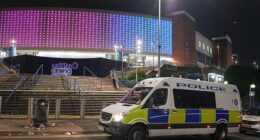 Police vans were parked outside the arena tonight as a search was carried out, following the discovery of a 'suspicious bag'