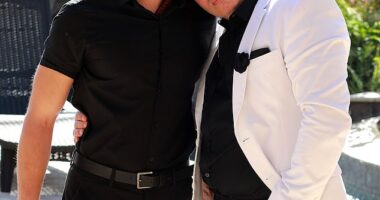 Barrie Drewitt-Barlow, pictured with his partner Scott Hutchison, left, is Britain's first openly gay football club owner and is set to star in an ITV documentary about his role at Maldon and Tiptree FC
