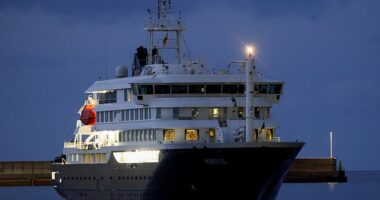 The cruise ship MV Hondius arrives at the port of Granadilla de Abona after being affected by a hantavirus outbreak, in Tenerife, Spain, May 10