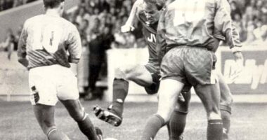 Aberdeen midfielder Neil Simpson tackles Rangers' Ian Durrant back in 1988