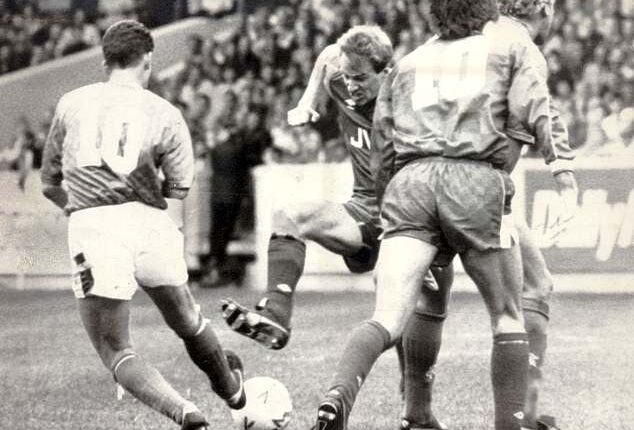 Aberdeen midfielder Neil Simpson tackles Rangers' Ian Durrant back in 1988