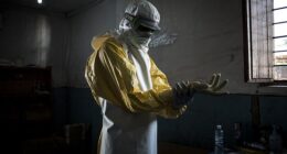 An American working in the Democratic Republic of the Congo (DRC) is being evacuated to Germany after contracting Ebola, the CDC said Monday. Pictured above is a health worker putting on protective equipment during a 2018 Ebola outbreak in the DRC